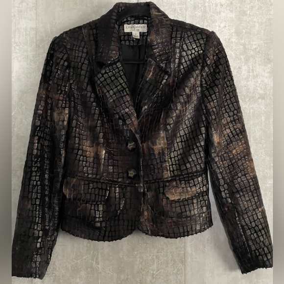 Lena Gabrielle New York Black/Brown Faux Fur Alligator Blazer Jacket Size 4 - Picture 1 of 10